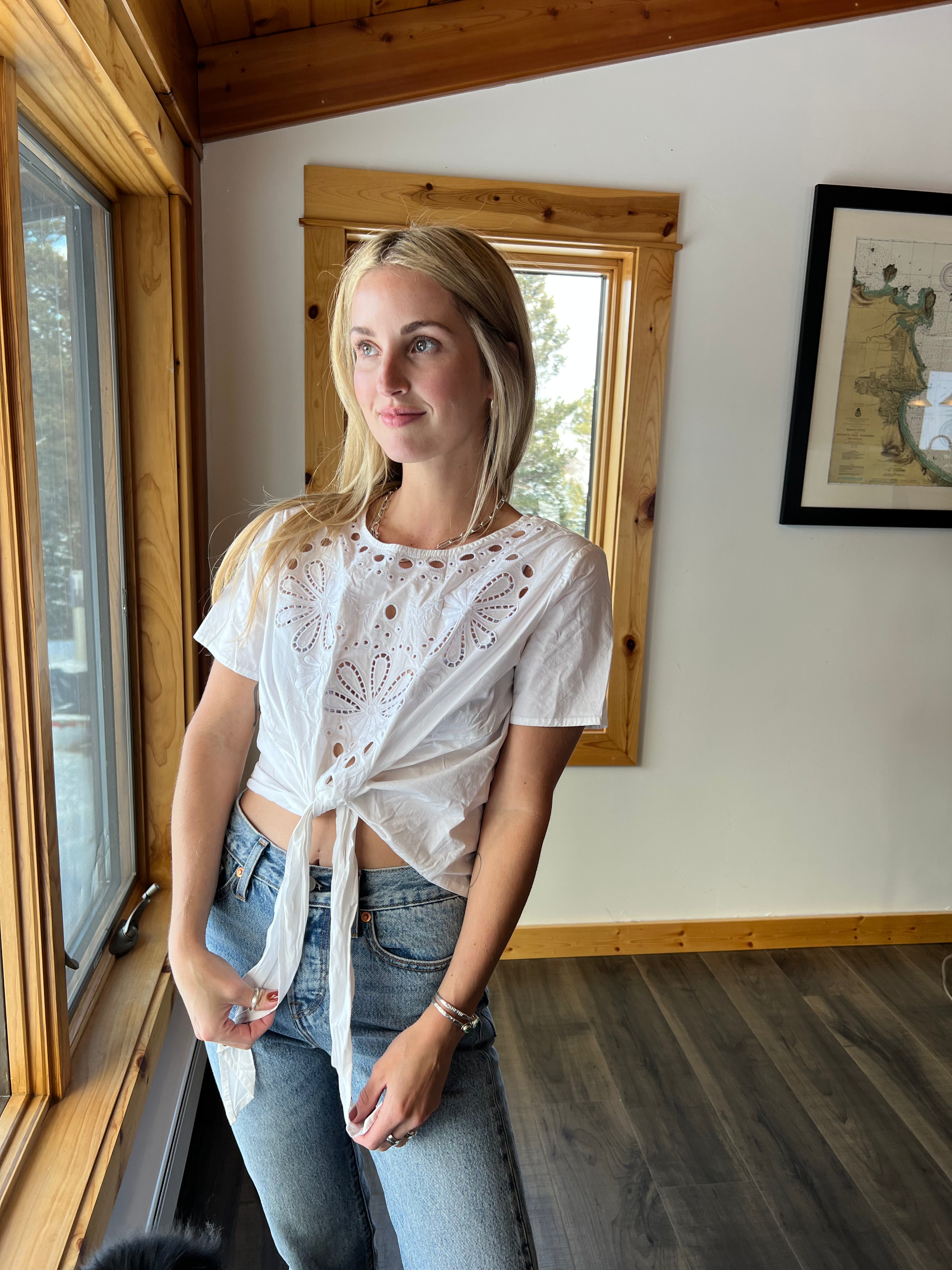 35: White Eyelet Cropped Blouse