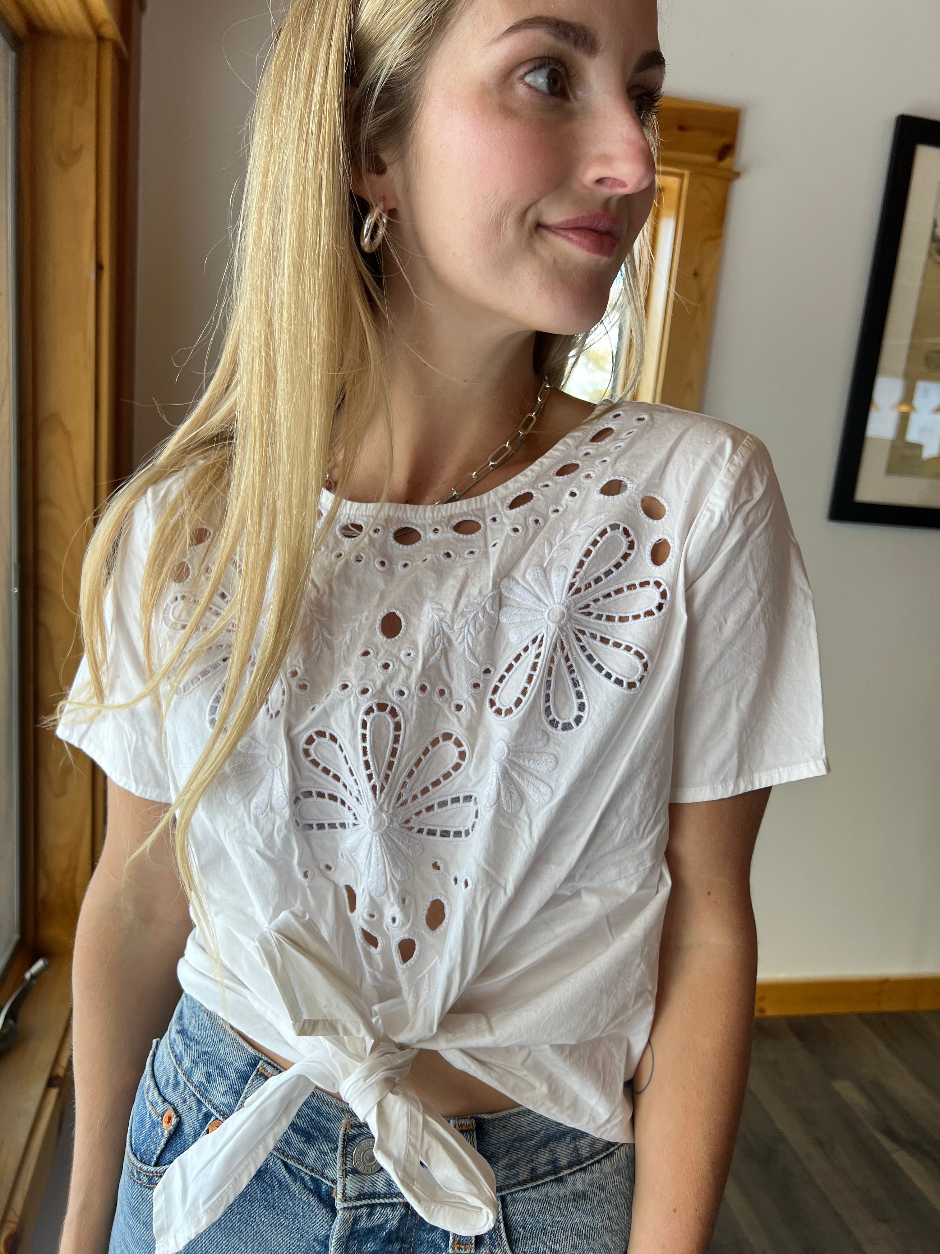 35: White Eyelet Cropped Blouse